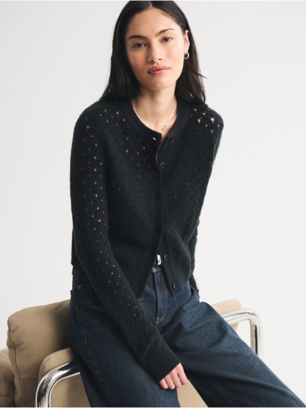 American Eagle Outfitters Black Openwork Knit Button Cardigan